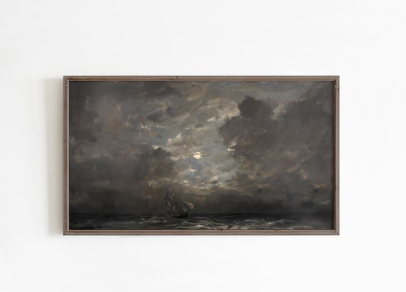 Stormy Night Seascape Painting Sailing Ship Dark Clouds Ocean Poster