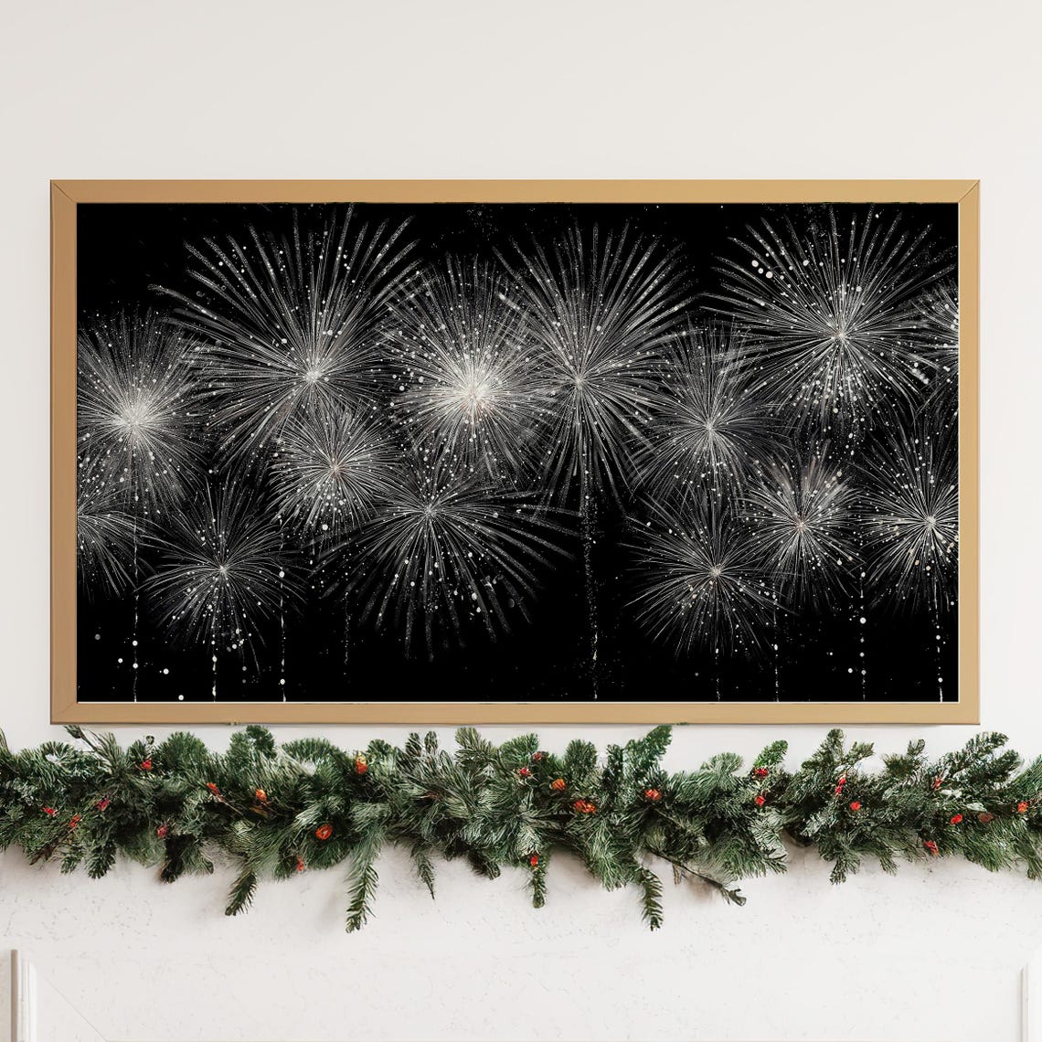 Silver Fireworks Black Background New Year Celebration Art Poster - Image 3