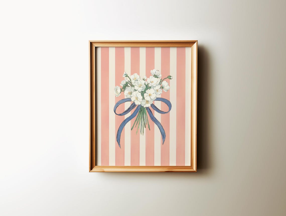 White Flower Bouquet Blue Bow Pink Striped Coquette Floral Wall Art