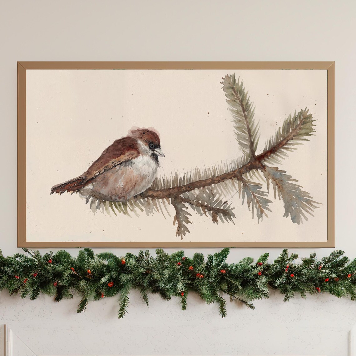 Winter Sparrow Watercolor Pine Branch Delicate Bird Art Poster - Image 3