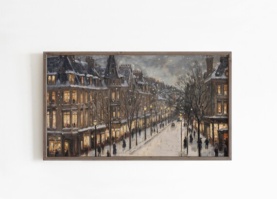 Snowy Old Town Street Night Glowing Windows Vintage City Poster
