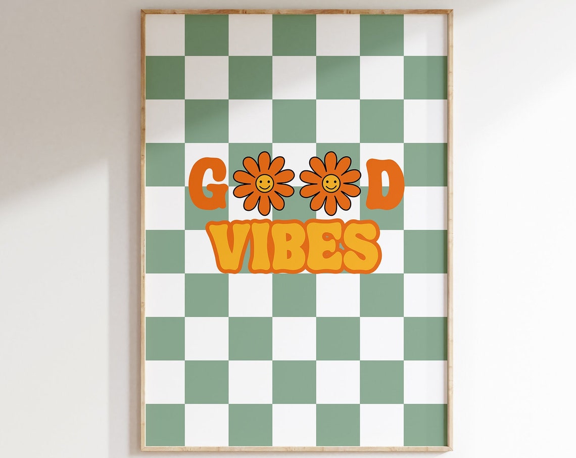 Good Vibes Green Checkerboard Flower Smiley Retro Quote Poster