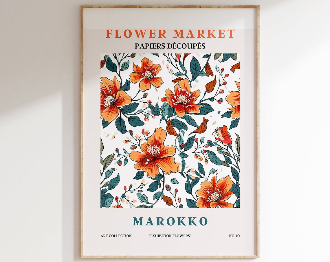 Flower Market Marokko Burnt Orange Blooms Teal Leaves Pattern Poster