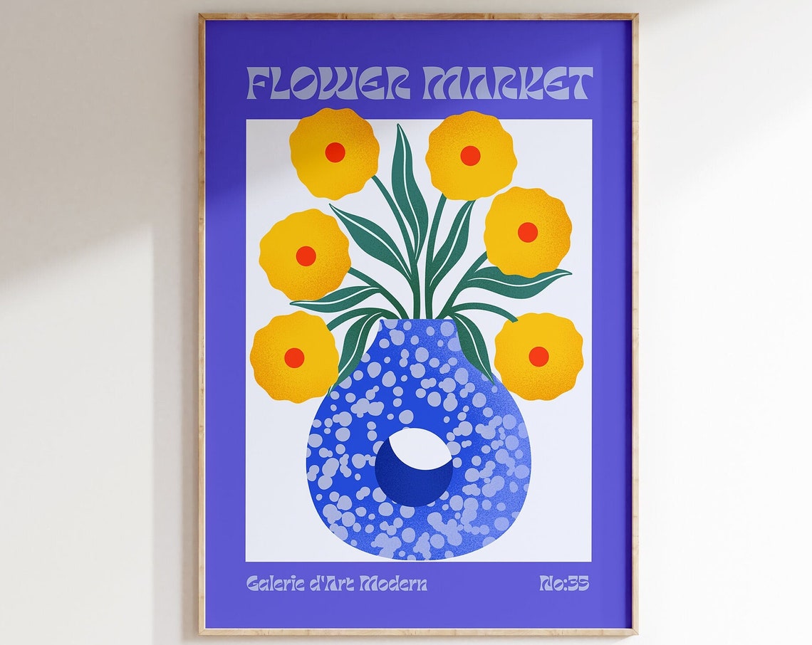Flower Market No 35 Yellow Blooms in Blue Dotted Vase Art Poster