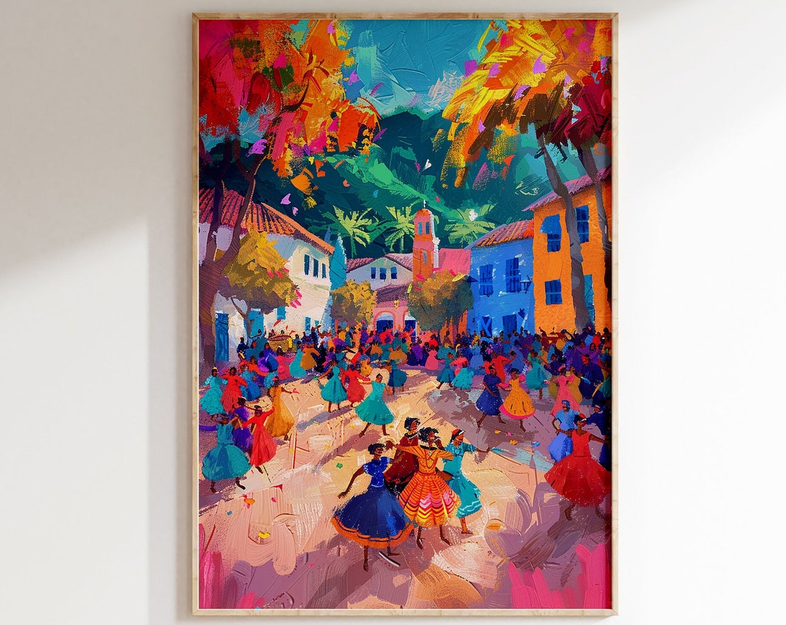 Village Street Dance Celebration Colorful Tropical Painting Poster - Image 5