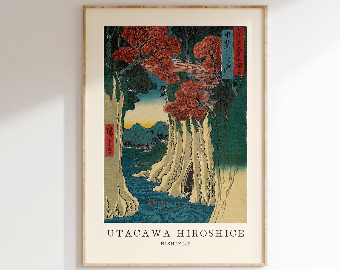 Utagawa Hiroshige Nishiki-e Red Maple Bridge Woodblock Art Poster