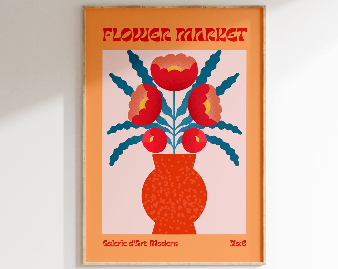 Flower Market No 6 Red Poppies In Orange Vase Retro Art Poster