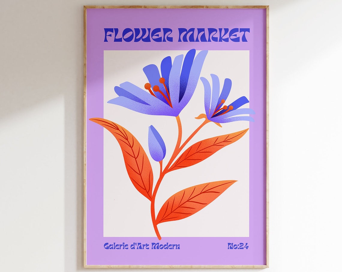Flower Market No 24 Blue Bellflowers Orange Leaves Art Poster