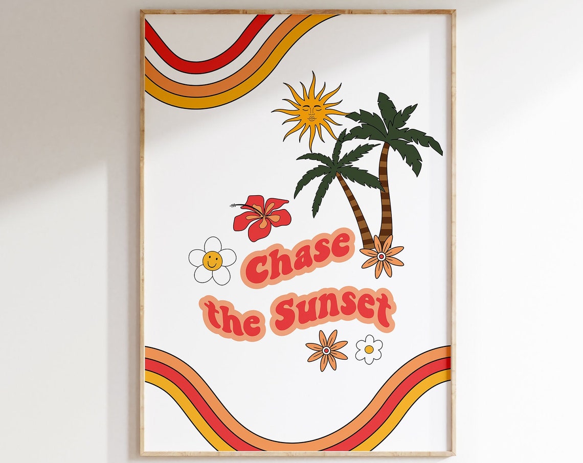 Chase the Sunset Retro Palm Tree Beach Sun Typography Poster