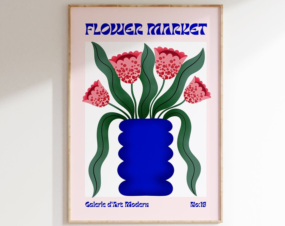 Flower Market No 19 Pink Spotted Tulips Blue Vase Art Poster