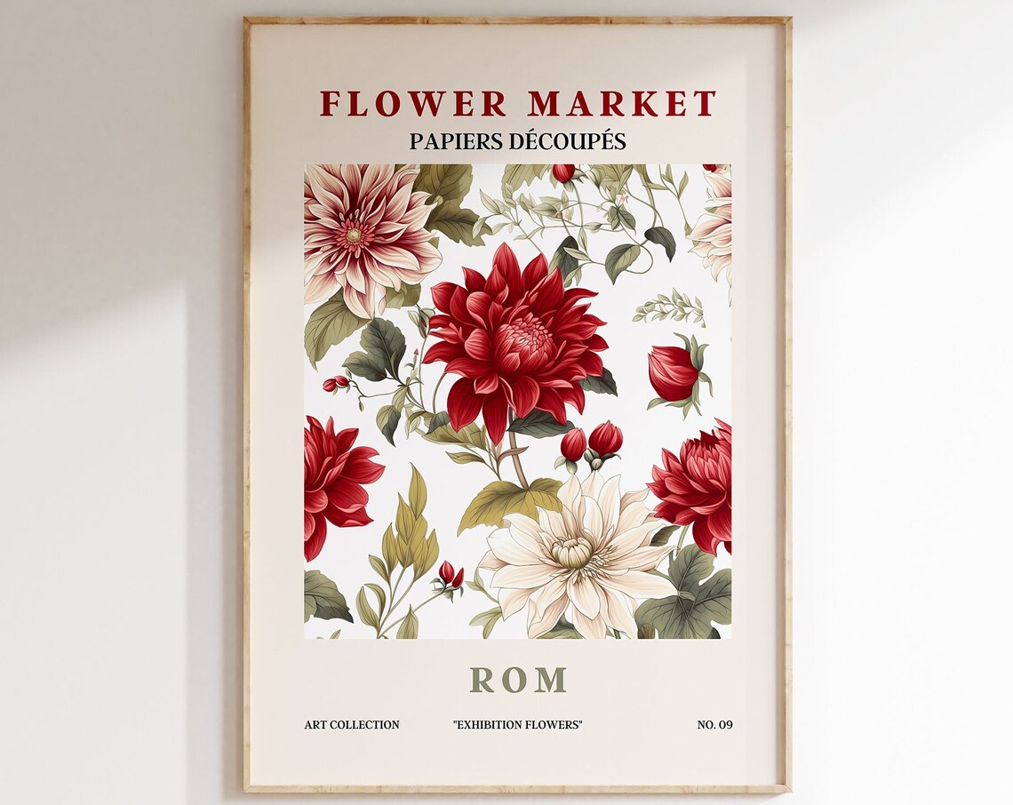 Flower Market Rom Red Dahlia Blooms Cream Petals Exhibition Poster