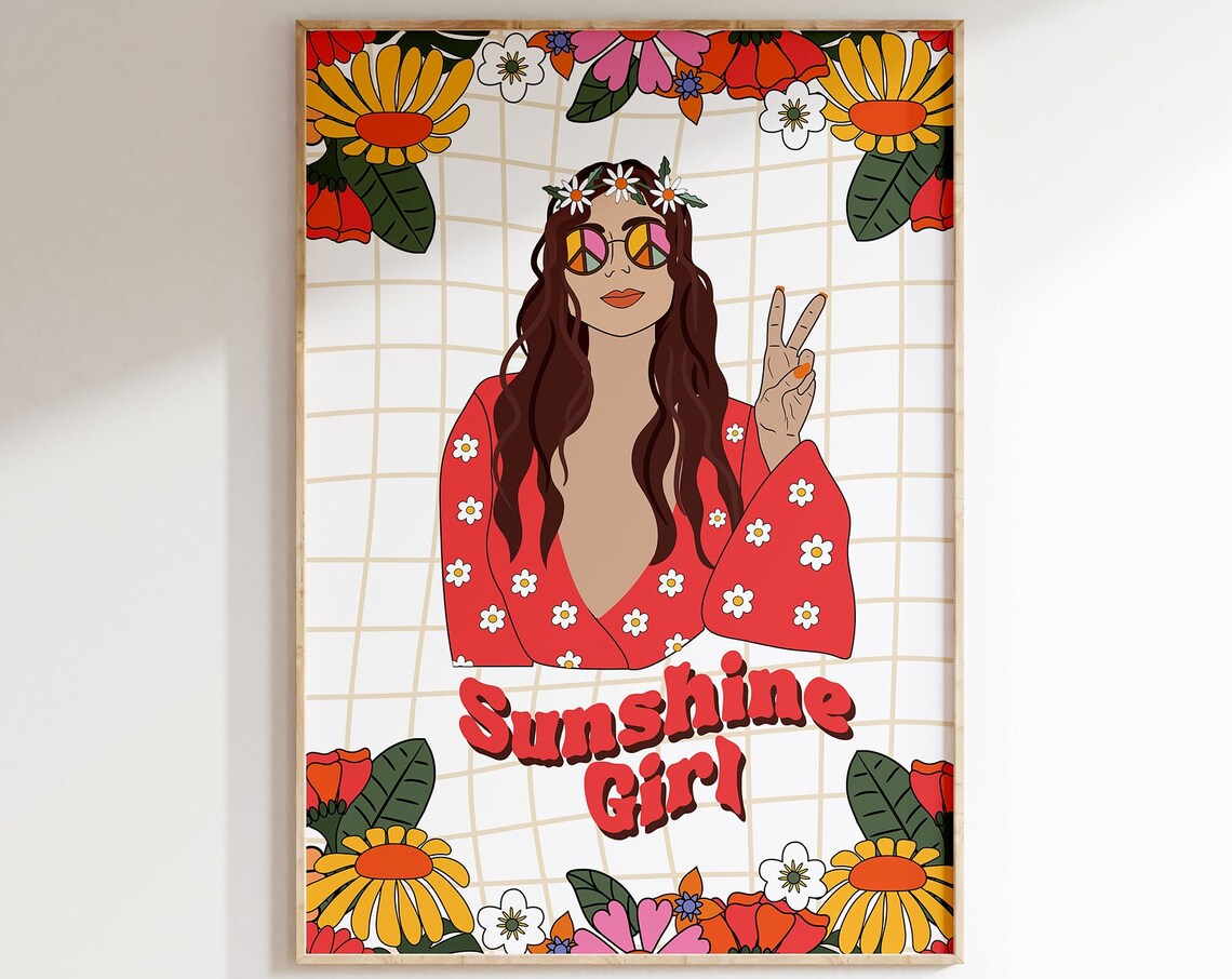 Sunshine Girl Retro Hippie Floral Peace Sign Groovy Art Poster