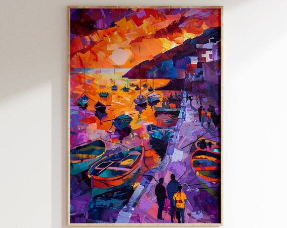 Matisse Inspired Harbor Boats Orange Sun Abstract Painting Poster