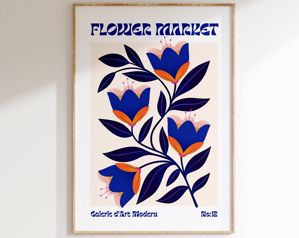 Flower Market No 12 Blue Tulips Orange Retro Floral Art Poster