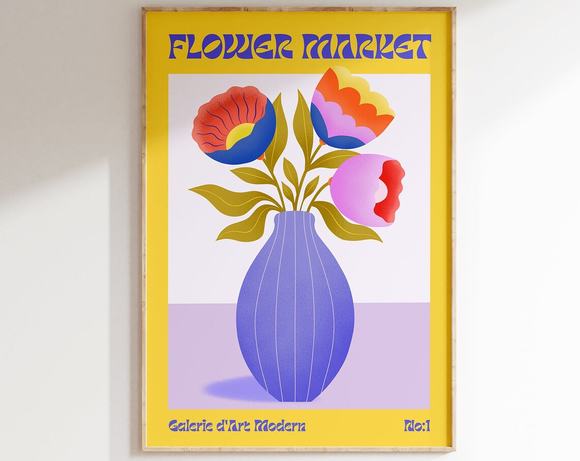 Flower Market Groovy Yellow Blue Vase Poppy Bouquet Retro Poster