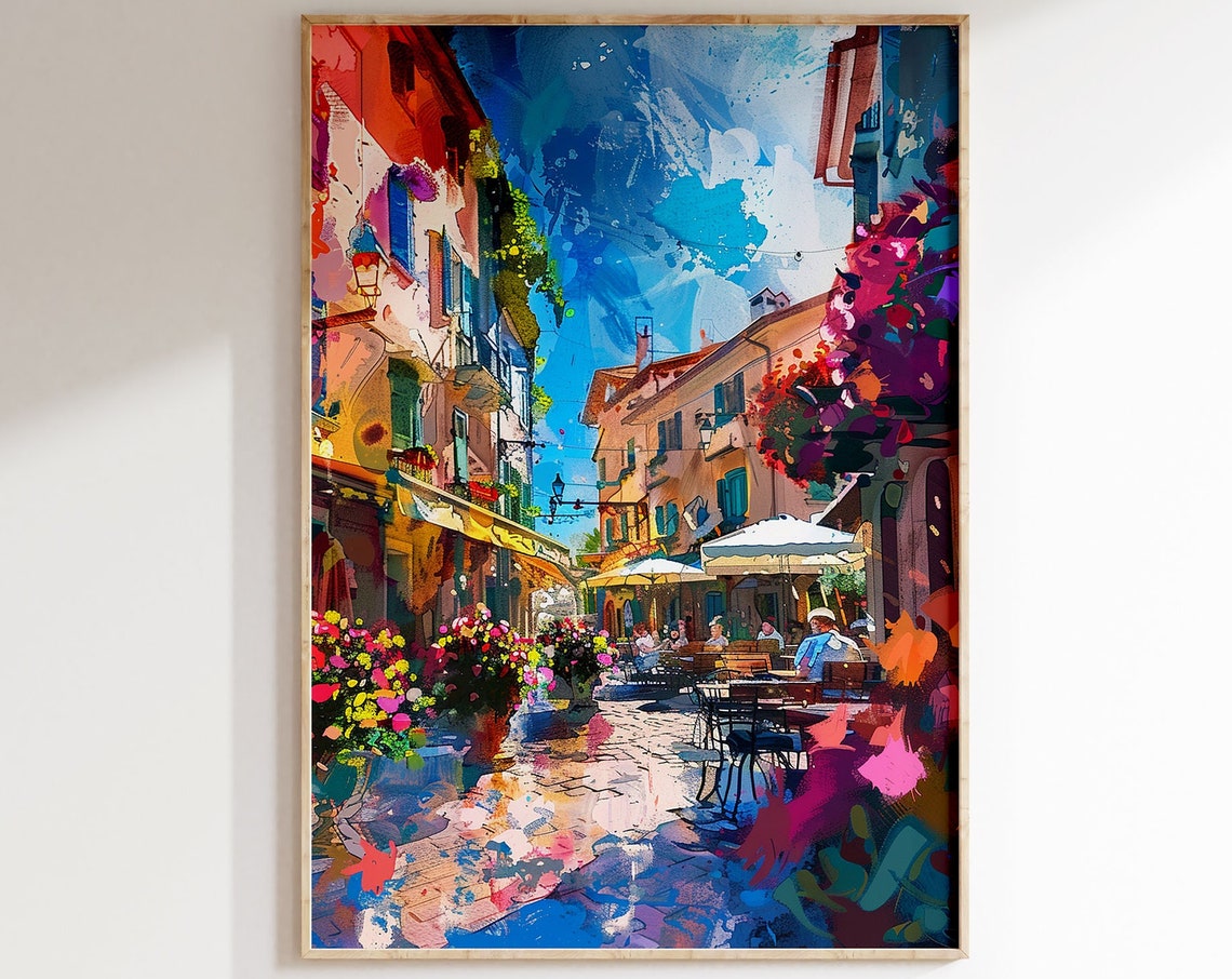 Sunlit European Street Cafe with Flower Baskets Colorful Art Poster - Image 5