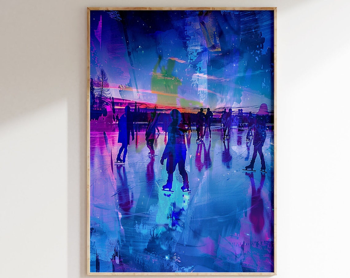 Night Ice Skating Under Starry Sky Neon Blue and Purple Art Poster