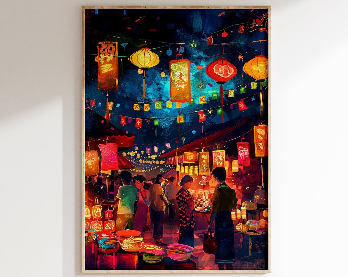 Asian Lantern Night Market Street Food Festival Painting Poster