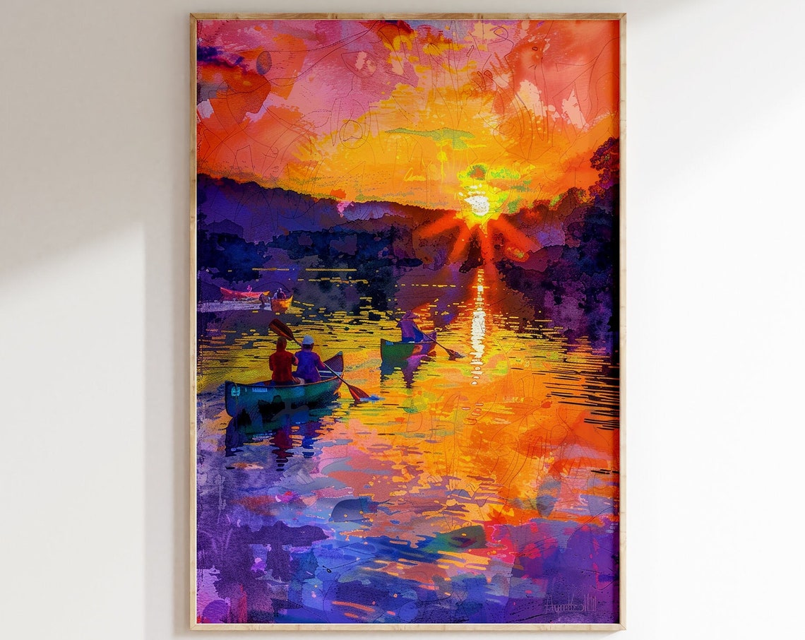 Kayakers on Sunset Lake with Pink and Purple Reflections Art Poster - Image 5