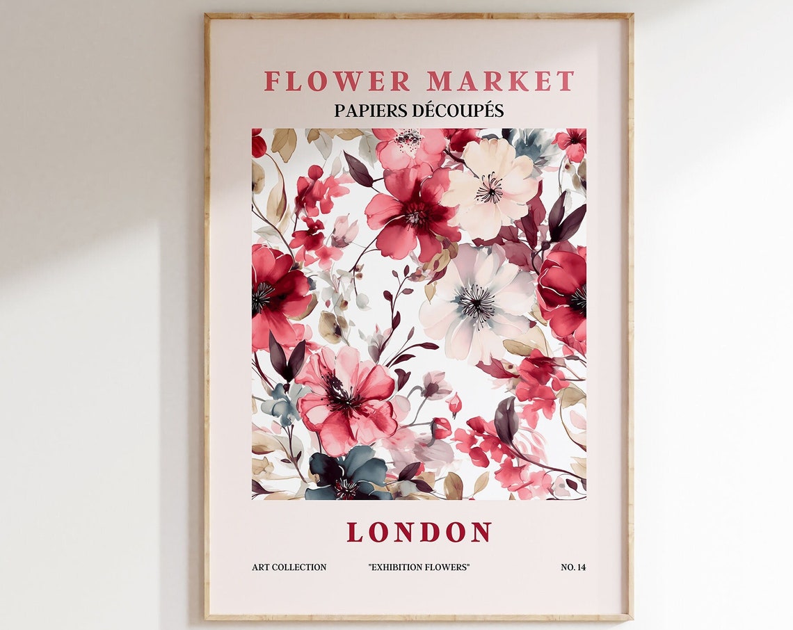 Flower Market London Ruby Red Watercolor Bloom Bouquet Art Poster