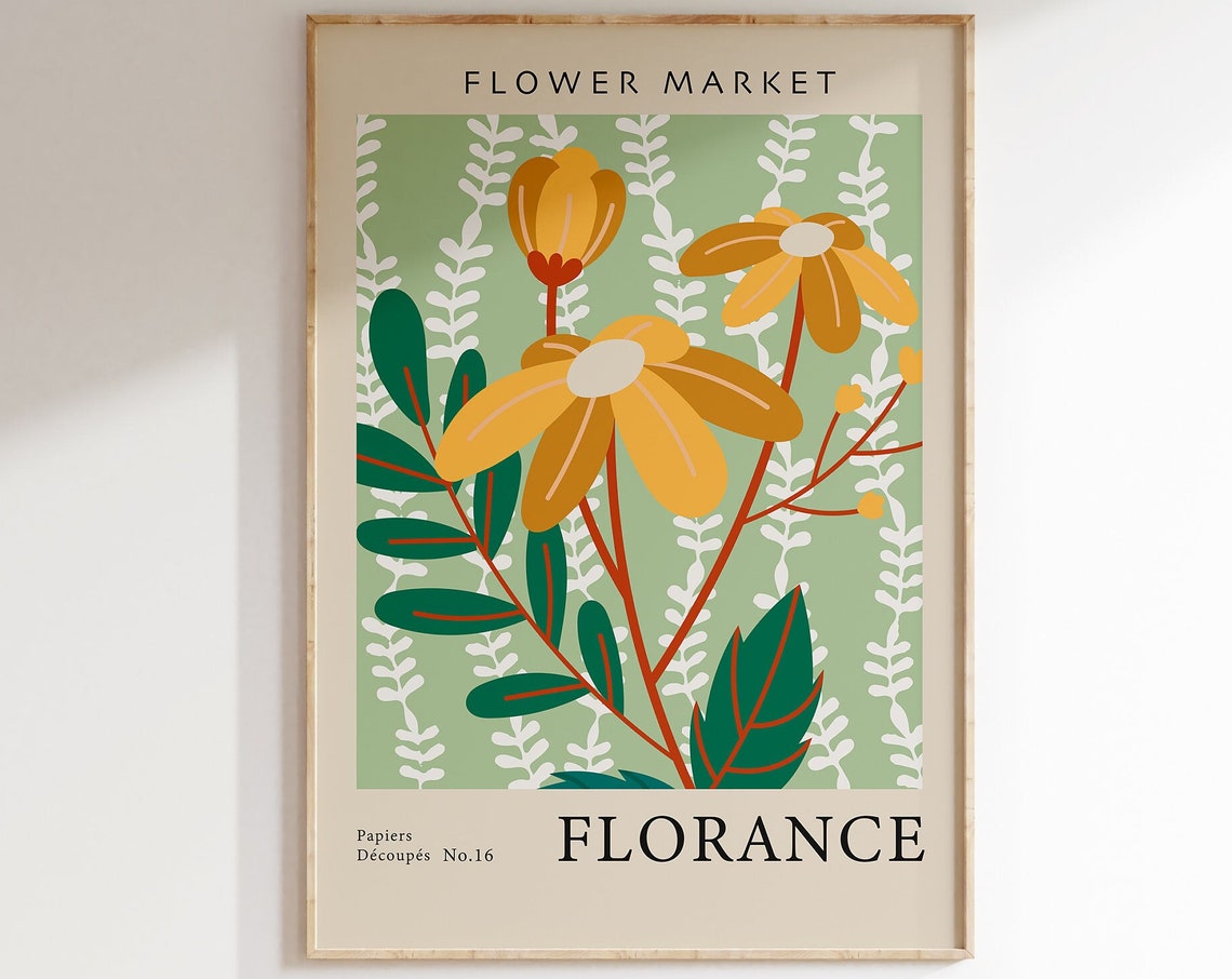 Flower Market Florance Golden Blooms Green Botanical Cutout Poster