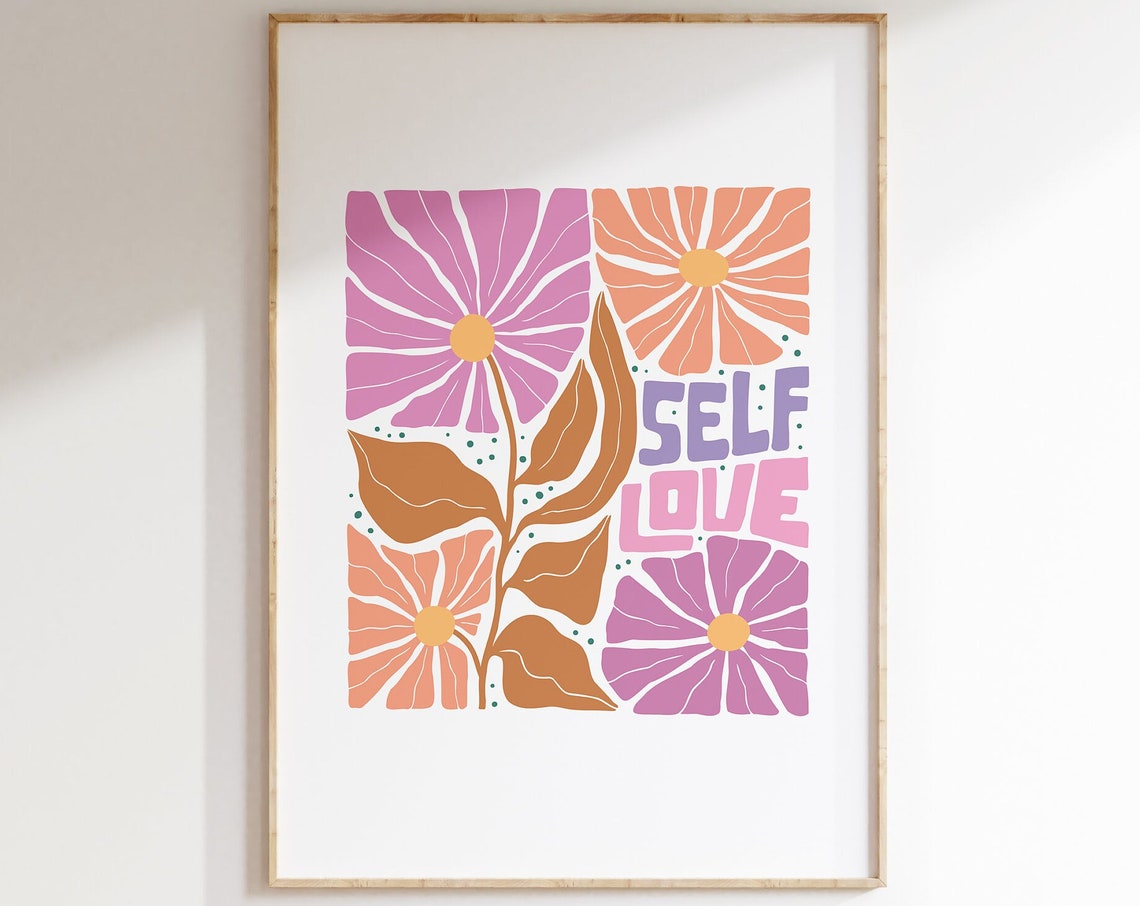 Self Love Retro Flowers Groovy Positive Affirmation Boho Poster