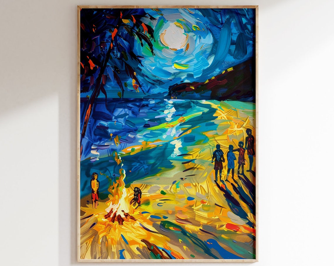 Moonlit Beach Night Scene with Figures and Starry Sky Art Poster - Image 5