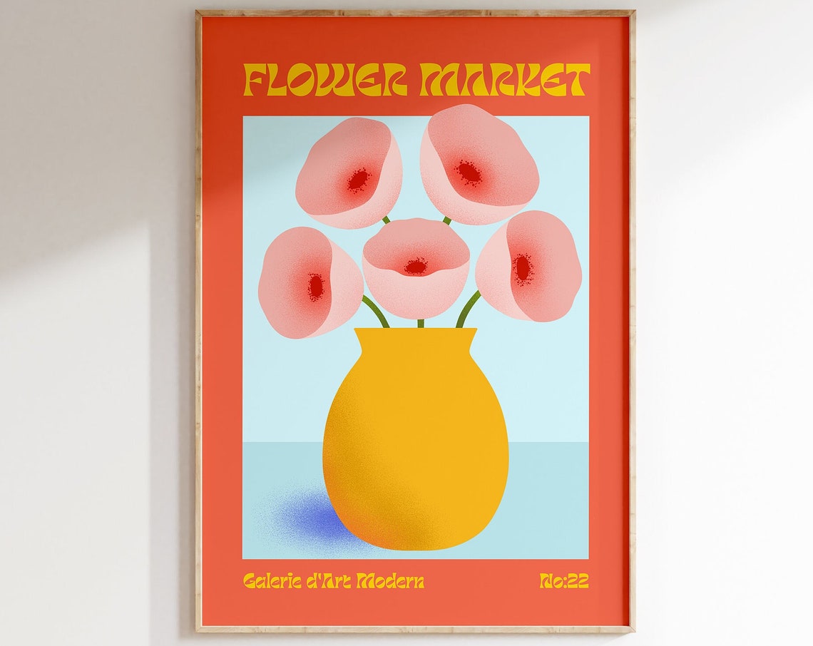 Flower Market No 22 Pink Poppy Blooms in Yellow Vase Art Poster