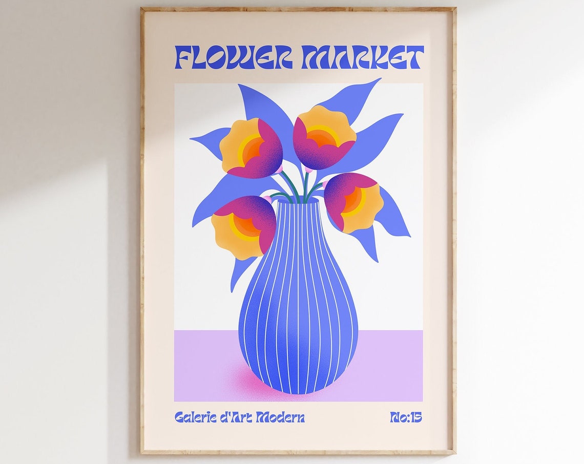 Flower Market Bold Blue Flower Vase Retro Gallery Exhibition Poster