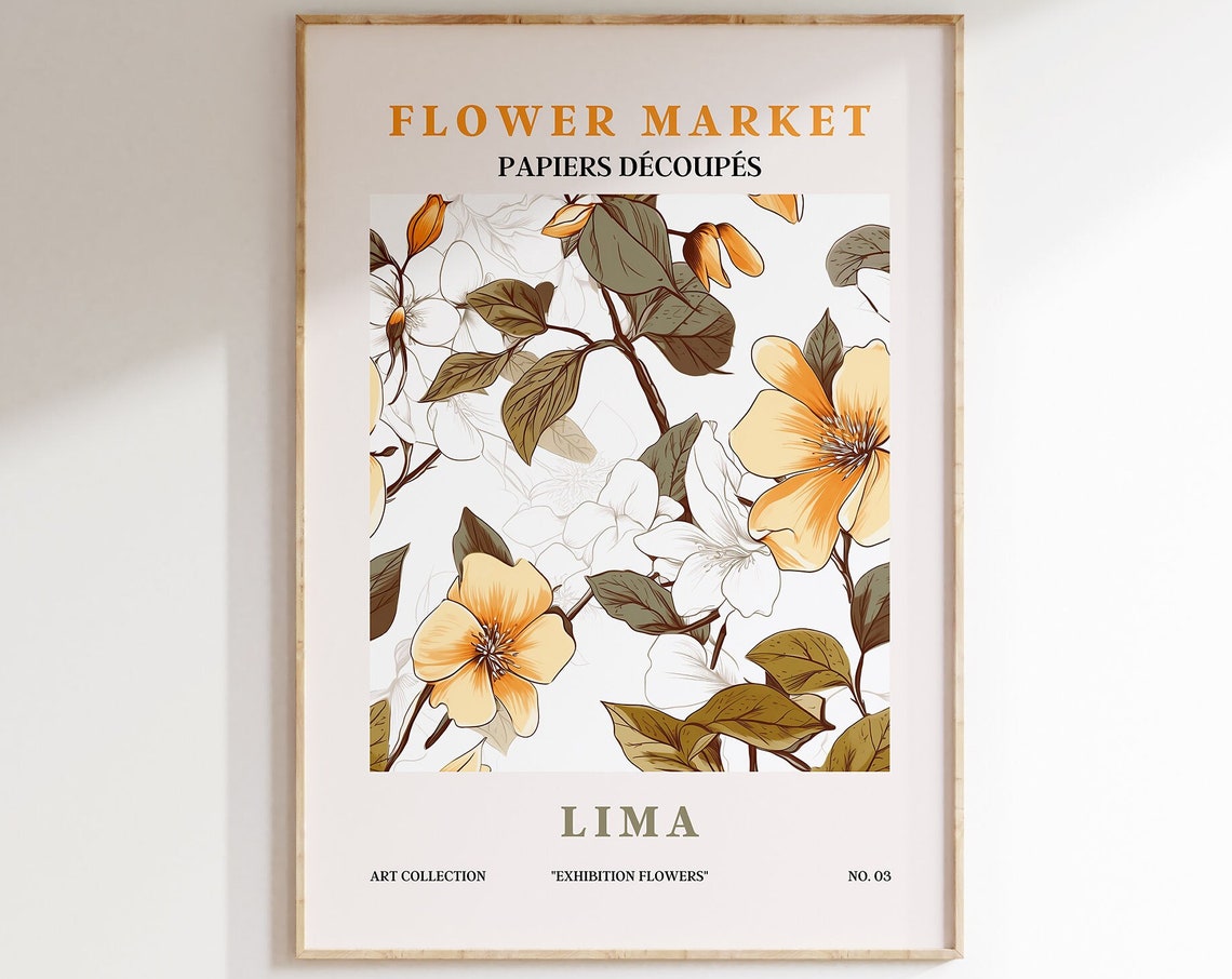Flower Market Lima Golden Blossoms Olive Leaves Botanical Poster