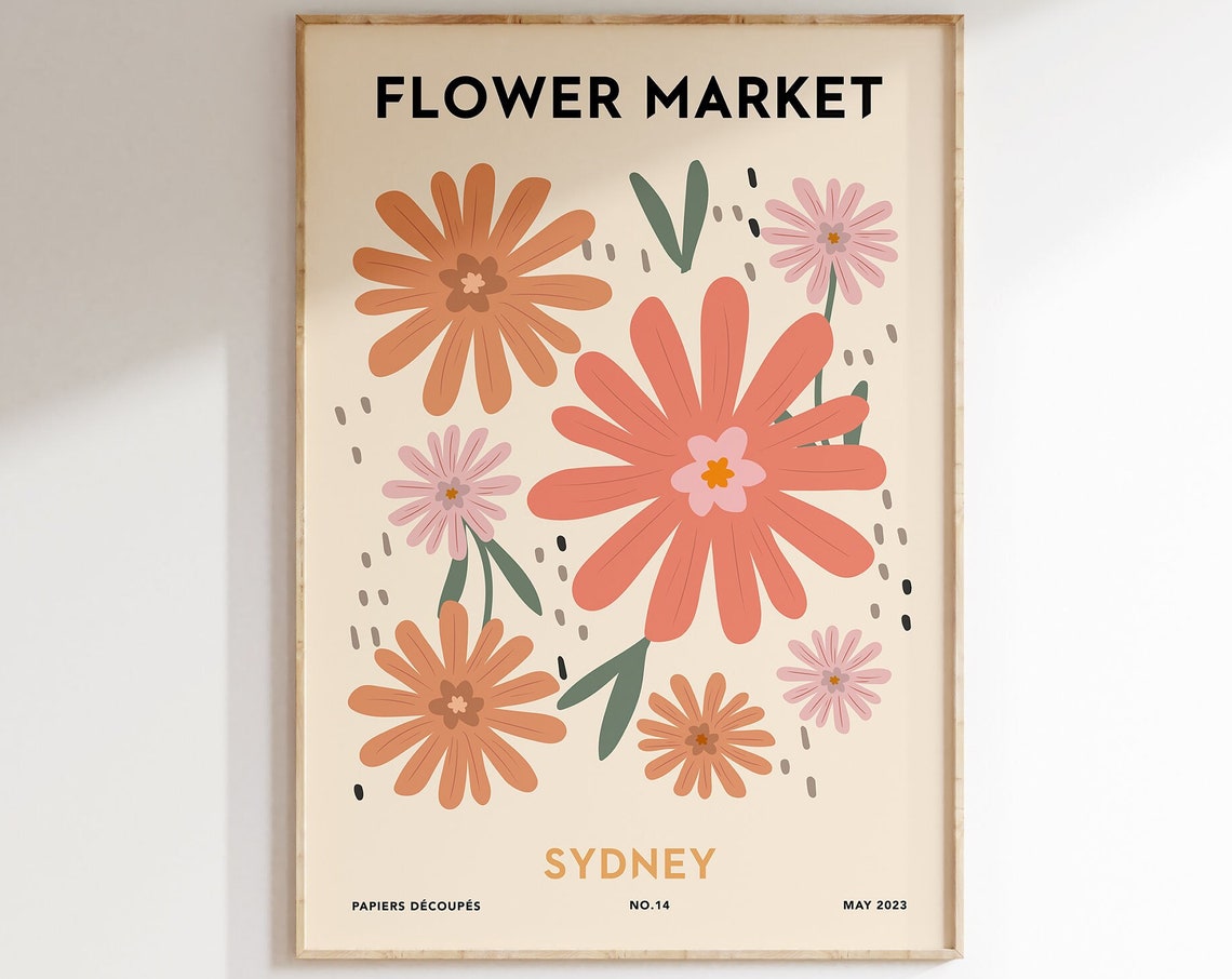 Flower Market Sydney Retro Coral Daisy Blossoms Papiers Art Poster