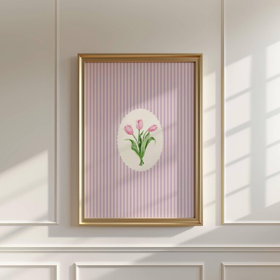 Pink Stripped Tulip Illustration Print Abstract Vintage Painting Botanical Trendy Decor Cornflower Wall Art