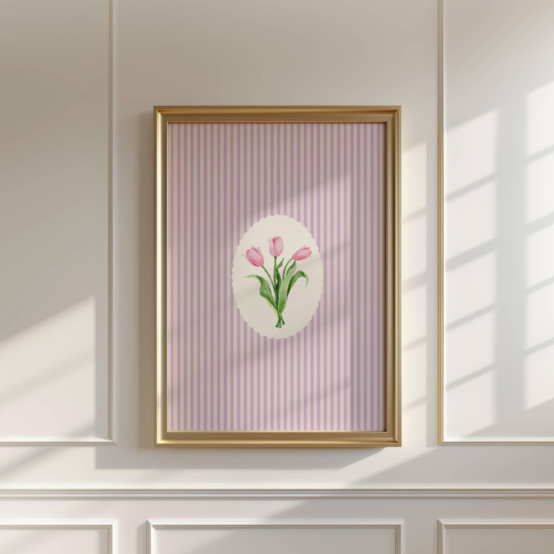 Pink Stripped Tulip Illustration Print Abstract Vintage Painting Botanical Trendy Decor Cornflower Wall Art