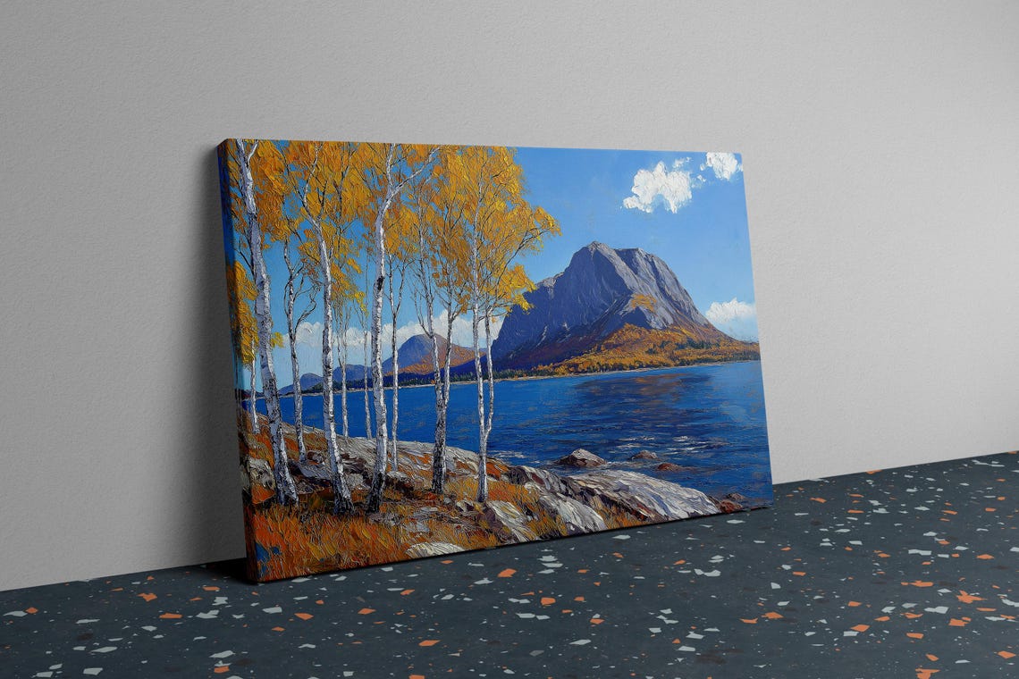 Golden Autumn Birch Trees Lakeside Mountain Landscape Poster - Image 4