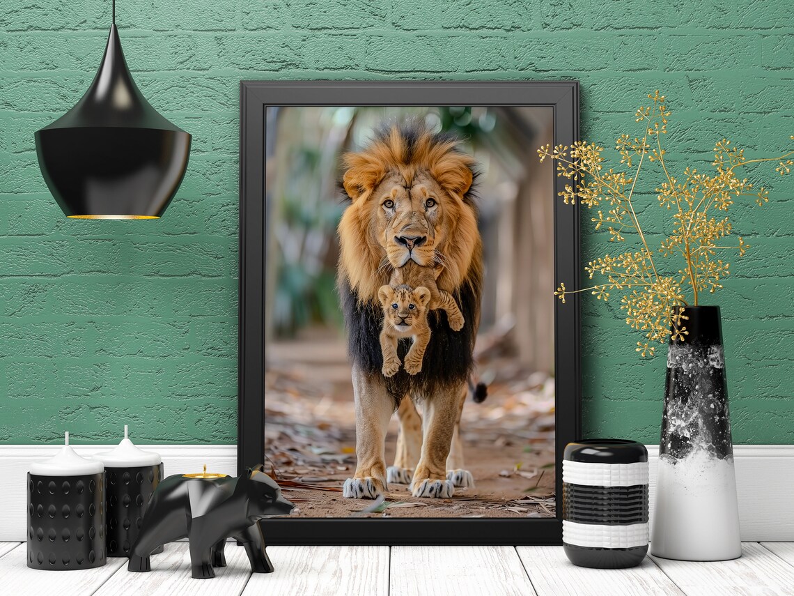Father Lion Carrying Cub Photo Poster Tender Wildlife Moment Artwork - Image 5