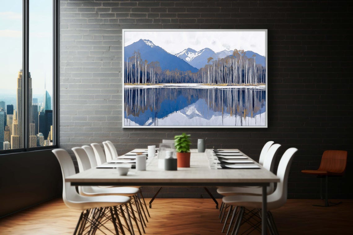 Blue Mountain Lake Reflection Poster Birch Forest Calm Landscape Art - Image 3