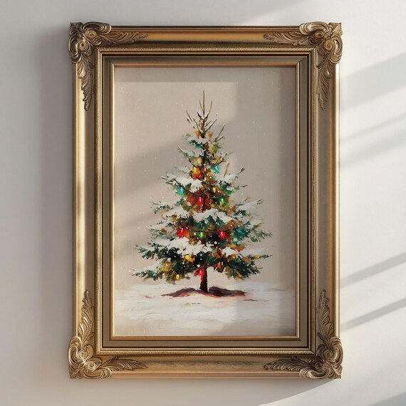Snowy Christmas Tree With Colorful Lights Vintage Holiday Painting Poster