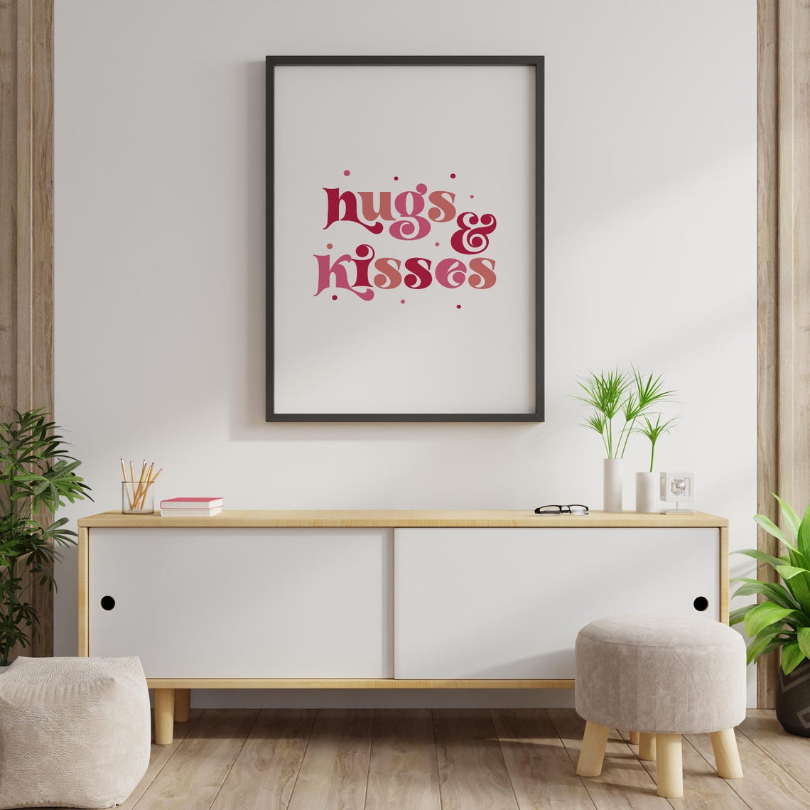 Hugs and Kisses Retro Pink Script Valentines Day Typography Print - Image 3