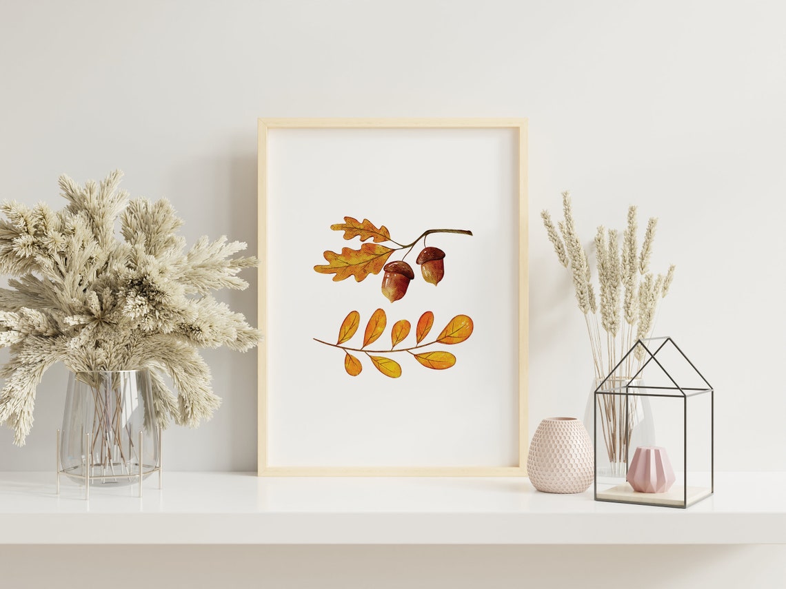 Autumn Botanical Watercolor Oak Leaves Acorns Fall Decor Art Print - Image 4
