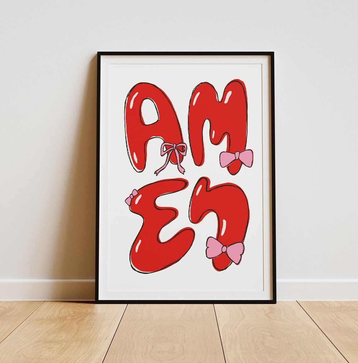 Amen Red Bubble Letters Pink Bows Retro Christian Faith Poster - Image 3