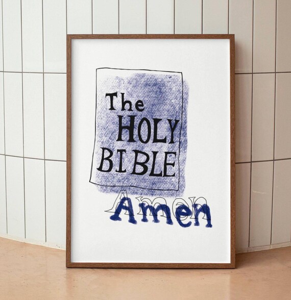 The Holy Bible Amen Hand Drawn Blue Christian Scripture Poster