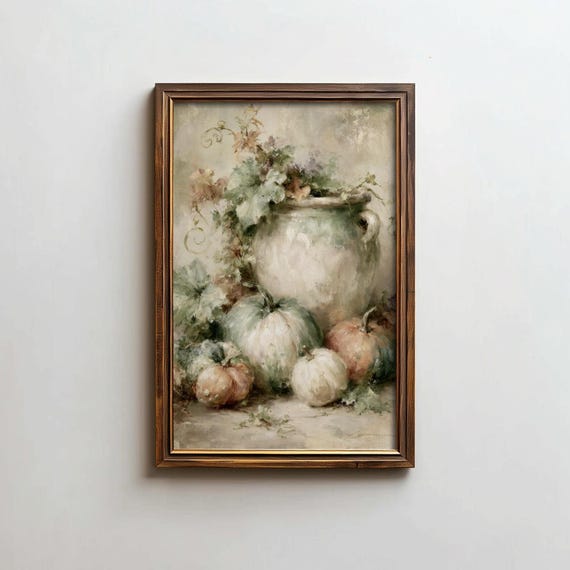 Pumpkin Still Life Oil Painting Print Fall Floral Art Cottagecore Autumn Wall Digital Download