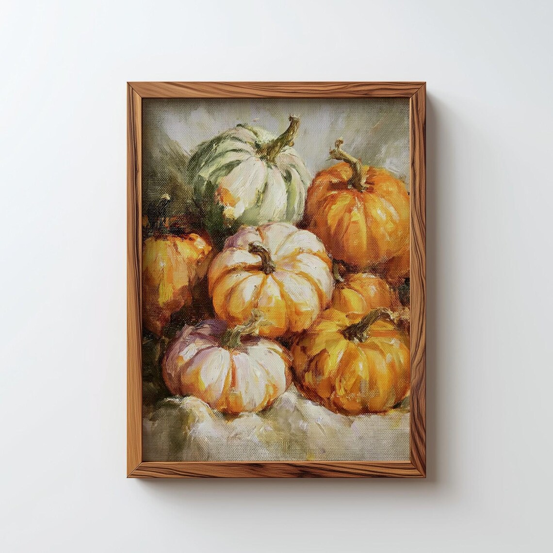 White And Orange Pumpkin Pile Oil Painting Fall Harvest Art Poster