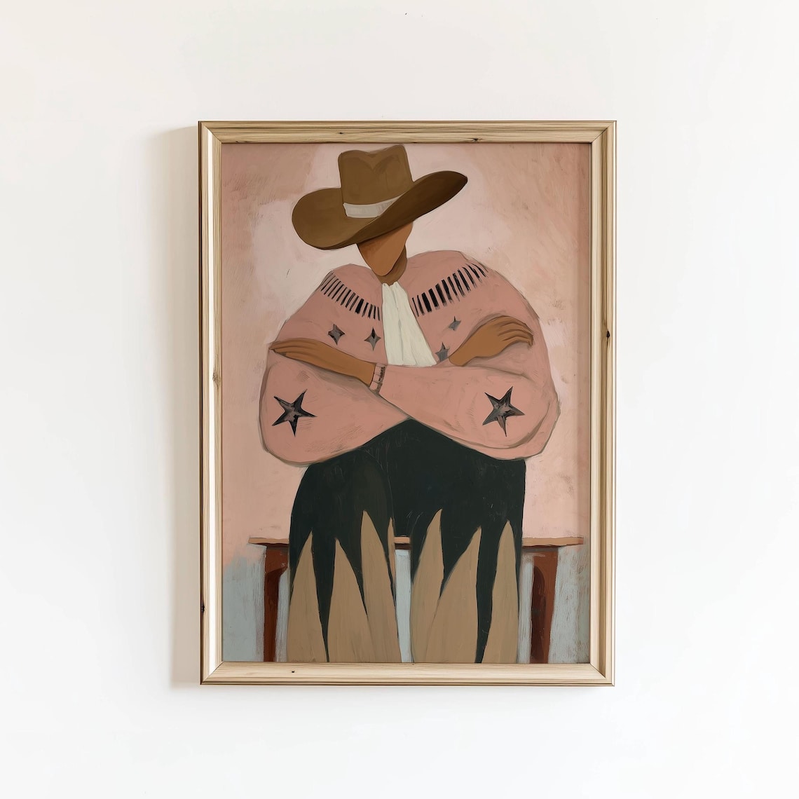 Seated Cowboy Pink Star Poncho Folk Art Western Decor Poster