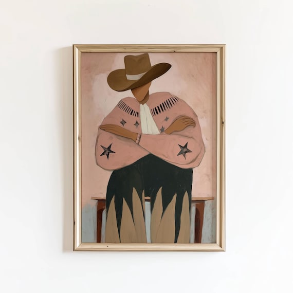 Seated Cowboy Pink Star Poncho Folk Art Western Decor Poster