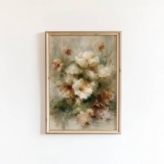 Moody Cream Floral Oil Painting Soft Neutral Botanical Art Poster