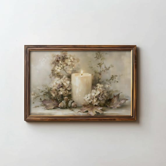 White Candle Dried Hydrangea Acorns Fall Leaves Cozy Art Poster