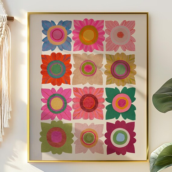Geometric Floral Art Print Abstract Flowers Wall Colorful Botanical Dopamine Decor Poster Maximalist Statement Gallery