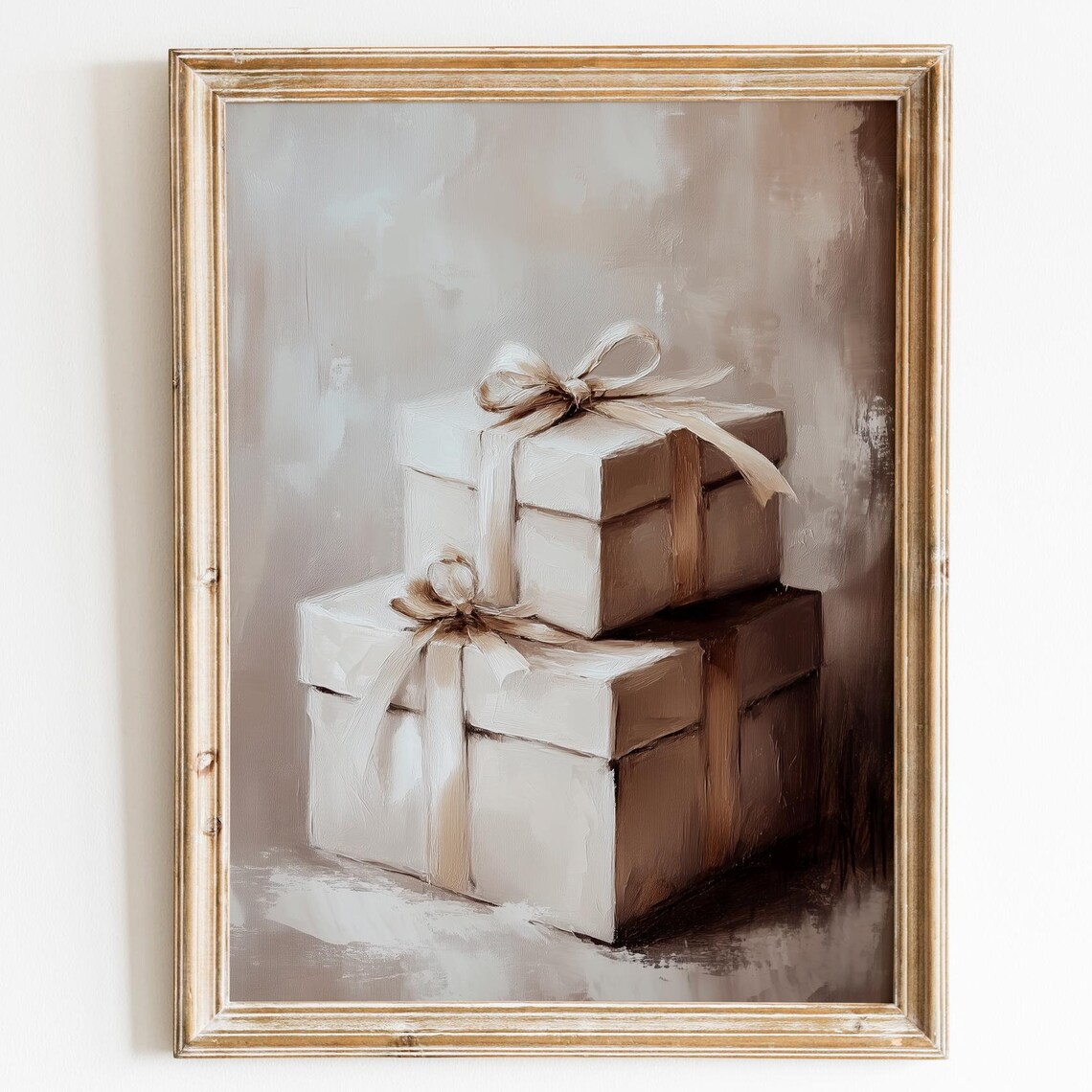Neutral Gift Boxes Beige Ribbon Wrapped Presents Minimalist Art Print