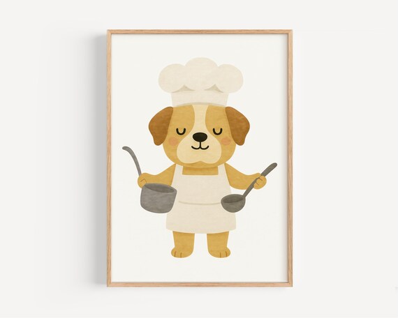 Cute Puppy Chef In Hat With Ladle And Pot Funny Kitchen Poster